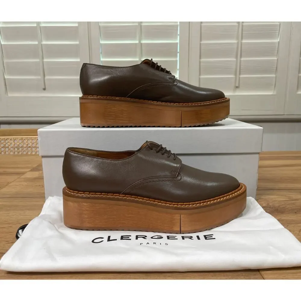 Clergerie Brooks Wooden Effect Platform Oxford Brown Leather Sz 5.5 US 36 EU NIB